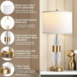 25.5 In. Gold Acrylic Table Lamp For Living Room With USB, Modern Bedroom Lamps With Touch Control White Lamp Shade -Lamp Parts acrylic rottogoon table lamps qmlp096bj2 66 1000