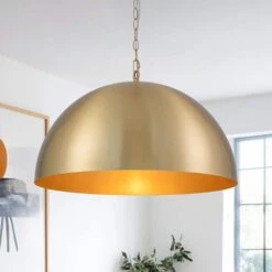 PCover 1-Light 23.6 In. W Aged Gold Brass Pendant Light Dome Hanging Light With Stained Gold Interior For Kitchens