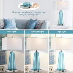 17 In. H Blue Green Glass Table Lamp With USB Ports, Touch Control Bedside Lamps 3-Way Dimmable Nightstand Lamps(2-Pack) -Lamp Parts antique blue green jushua desk lamps ct zy p263837 66 1000