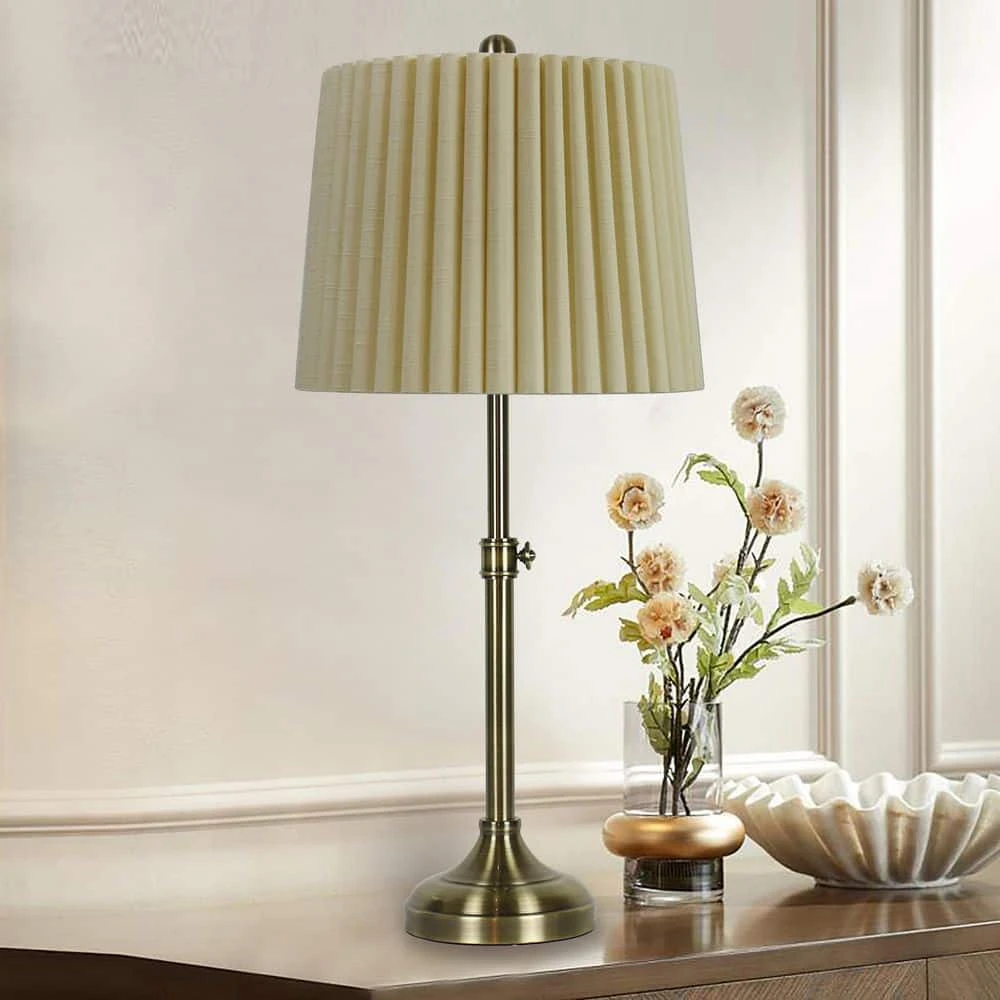 Pair Of 24.25-30 In. Adjustable Antique Brass Metal Column Table Lamps With Designer Mini-Fluted Shades 4 Pair Of 24.25-30 In. Adjustable Antique Brass Metal Column Table Lamps With Designer Mini-Fluted Shades - Image 2