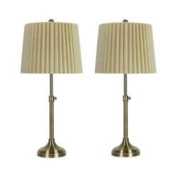 Pair Of 24.25-30 In. Adjustable Antique Brass Metal Column Table Lamps With Designer Mini-Fluted Shades