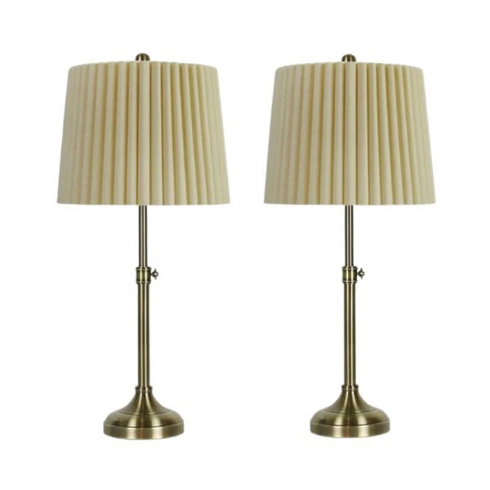 Pair Of 24.25-30 In. Adjustable Antique Brass Metal Column Table Lamps With Designer Mini-Fluted Shades 3 Pair Of 24.25-30 In. Adjustable Antique Brass Metal Column Table Lamps With Designer Mini-Fluted Shades
