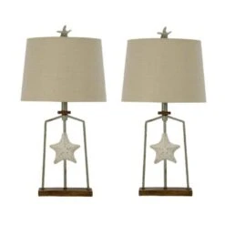 27.25 In. Pair Of Antique Brown/White Coastal Finish Starfish Medallion Table Lamps With Designer Shades And Finials