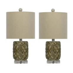 Pair Of 19 In. Antique Gold/Cream Cast Deco Design Column Table Lamps With Designer Shades