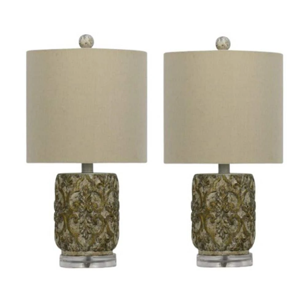 Pair Of 19 In. Antique Gold/Cream Cast Deco Design Column Table Lamps With Designer Shades 3 Pair Of 19 In. Antique Gold/Cream Cast Deco Design Column Table Lamps With Designer Shades