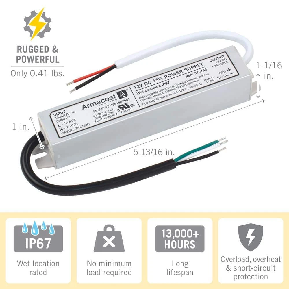 15-Watt Standard Wet Location LED Driver Power Supply 12-Volt DC Power Cord 5 15-Watt Standard Wet Location LED Driver Power Supply 12-Volt DC Power Cord - Image 3