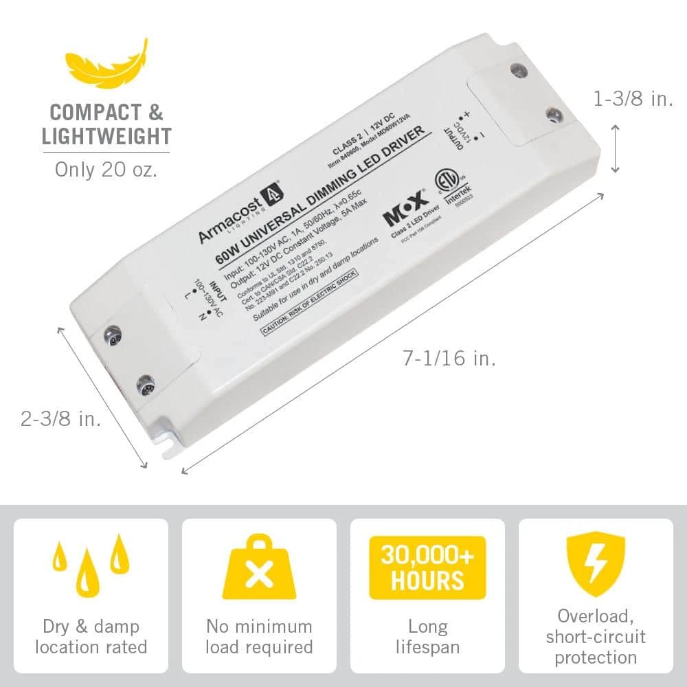 60-Watt Universal Dimmable 12-Volt DC LED Driver TRIAC Transformer 4 60-Watt Universal Dimmable 12-Volt DC LED Driver TRIAC Transformer - Image 2