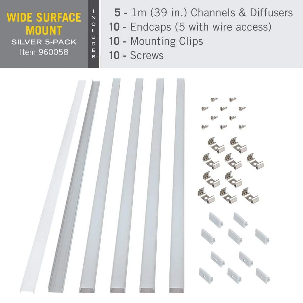 Wide Surface Mount LED Tape Light Channel Mounting Hardware, Silver (5-Pack) 8 Wide Surface Mount LED Tape Light Channel Mounting Hardware, Silver (5-Pack) - Image 6