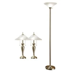 71 In. Torchiere And 24 In. Table Lamps With A Brushed Steel And Quality Hammered Glass Shades (3-Piece)