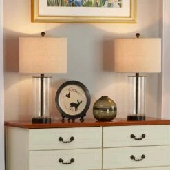 Concord 23.25 In. Black Modern Dimmable Glass Bedroom Living Room Bedside Desk Nightstand Table Lamps Set Of 2 -Lamp Parts baked black clear glass table lamps t27 bk 76 1000