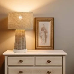 15.4 In. Rustic Farmhouse Handmade Rattan Table Lamps Modern Coastal Natural Rattan Wicker Oatmeal Drum Shade Nightstand