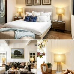 15.4 In. Rustic Farmhouse Handmade Rattan Table Lamps Modern Coastal Natural Rattan Wicker Oatmeal Drum Shade Nightstand -Lamp Parts bamboo weaving tozing table lamps tl tht80015 1 77 1000