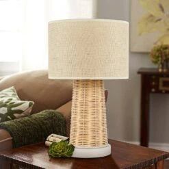15.4 In. Rustic Farmhouse Handmade Rattan Table Lamps Modern Coastal Natural Rattan Wicker Oatmeal Drum Shade Nightstand -Lamp Parts bamboo weaving tozing table lamps tl tht80015 1 fa 1000