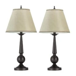 27 In. H Bronze And Beige Table Lamps With Cone Shade (Set Of 2)