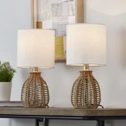 Heideman 13 In. Beige Modern Rattan Bedroom Living Room Bedside Desk Nightstand Small Table Lamps Set Of 2
