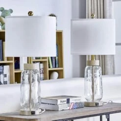 23.5 In. Beige Modern Dimmable Resin Bedroom Living Room Bedside Desk Nightstand Table Lamps USB Port (Set Of 2)