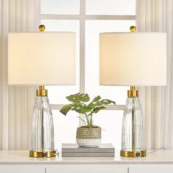 24.5 In. Beige Modern Dimmable Glass Bedroom Living Room Bedside Desk Nightstand Table Lamps USB Port (Set Of 2) -Lamp Parts beige maxax table lamps t197 gd e1 1000