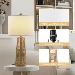 Heideman 26.5 In. Beige Modern Dimmable Rattan Bedroom Living Room Bedside Desk Table Lamps Set Of 2 -Lamp Parts beige maxax table lamps t212 wd 44 1000