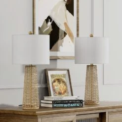 Heideman 26.5 In. Beige Modern Dimmable Rattan Bedroom Living Room Bedside Desk Table Lamps Set Of 2