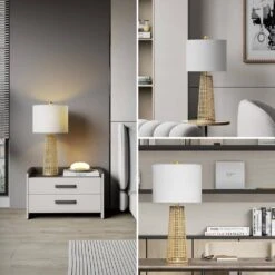 Heideman 26.5 In. Beige Modern Dimmable Rattan Bedroom Living Room Bedside Desk Table Lamps Set Of 2 -Lamp Parts beige maxax table lamps t212 wd c3 1000