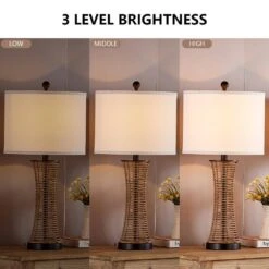 Heideman 26 In. Beige Modern Dimmable Rattan Bedroom Living Room Bedside Desk Nightstand Table Lamps USB Port -Lamp Parts beige maxax table lamps t229 wd 1f 1000