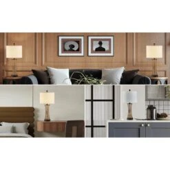 Heideman 26 In. Beige Modern Dimmable Rattan Bedroom Living Room Bedside Desk Nightstand Table Lamps USB Port -Lamp Parts beige maxax table lamps t229 wd 44 1000