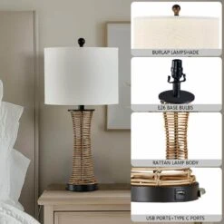 Heideman 26 In. Beige Modern Dimmable Rattan Bedroom Living Room Bedside Desk Nightstand Table Lamps USB Port -Lamp Parts beige maxax table lamps t229 wd 4f 1000