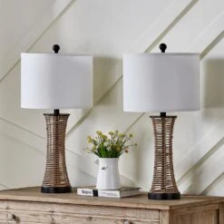 Heideman 26 In. Beige Modern Dimmable Rattan Bedroom Living Room Bedside Desk Nightstand Table Lamps USB Port