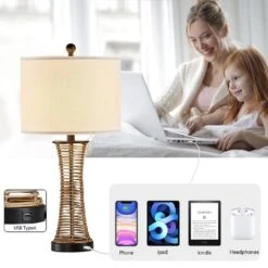 Heideman 26 In. Beige Modern Dimmable Rattan Bedroom Living Room Bedside Desk Nightstand Table Lamps USB Port -Lamp Parts beige maxax table lamps t229 wd fa 1000