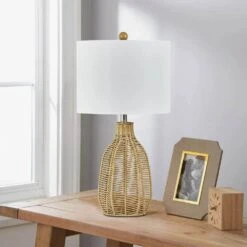 Heideman 25 In. Beige Modern Rattan Bedroom Living Room Bedside Desk Nightstand Table Lamps