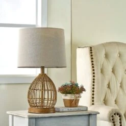 Heideman 22 In. Beige Modern Rattan Bedroom Living Room Bedside Desk Nightstand Table Lamps USB Port -Lamp Parts beige maxax table lamps t254 wg s 76 1000