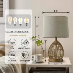 Heideman 22 In. Beige Modern Rattan Bedroom Living Room Bedside Desk Nightstand Table Lamps USB Port -Lamp Parts beige maxax table lamps t254 wg s c3 1000