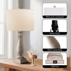 26.6 In. Beige Vintage Dimmable Resin Bedroom Living Room Bedside Desk Nightstand Table Lamps (Set Of 2) -Lamp Parts beige maxax table lamps t79 wh 66 1000