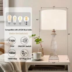 26.6 In. Beige Vintage Dimmable Resin Bedroom Living Room Bedside Desk Nightstand Table Lamps (Set Of 2) -Lamp Parts beige maxax table lamps t79 wh a0 1000