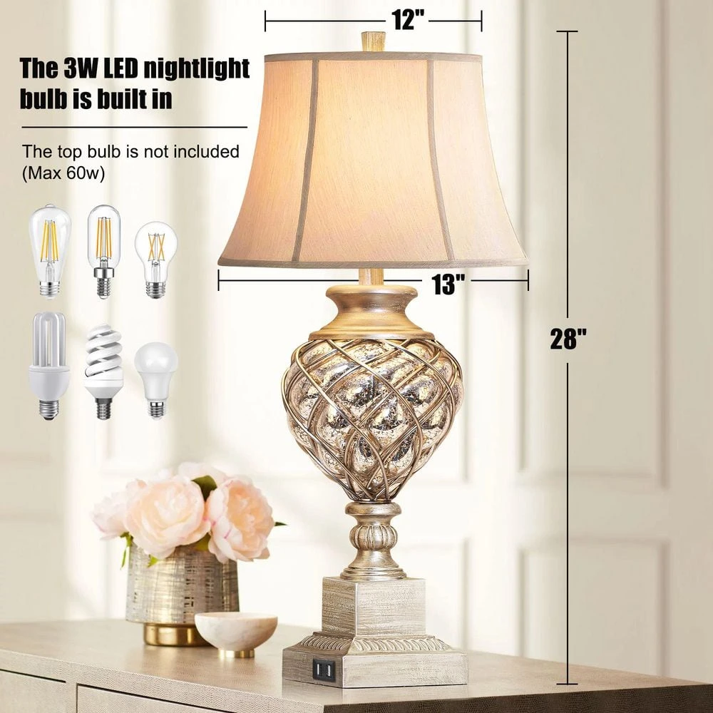 29 In. Beige Tall Bedside Lamp With Night Light, Vintage Table Lamps With Usbs Faux Silk Shade For Living Room End Table 7 29 In. Beige Tall Bedside Lamp With Night Light, Vintage Table Lamps With Usbs Faux Silk Shade For Living Room End Table - Image 5