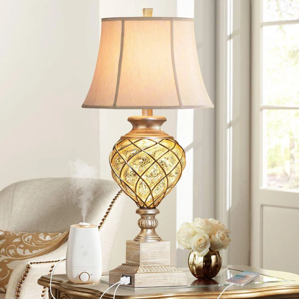 29 In. Beige Tall Bedside Lamp With Night Light, Vintage Table Lamps With Usbs Faux Silk Shade For Living Room End Table 5 29 In. Beige Tall Bedside Lamp With Night Light, Vintage Table Lamps With Usbs Faux Silk Shade For Living Room End Table - Image 3