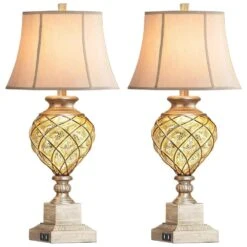 29 In. Beige Tall Bedside Lamp With Night Light, Vintage Table Lamps With Usbs Faux Silk Shade For Living Room End Table