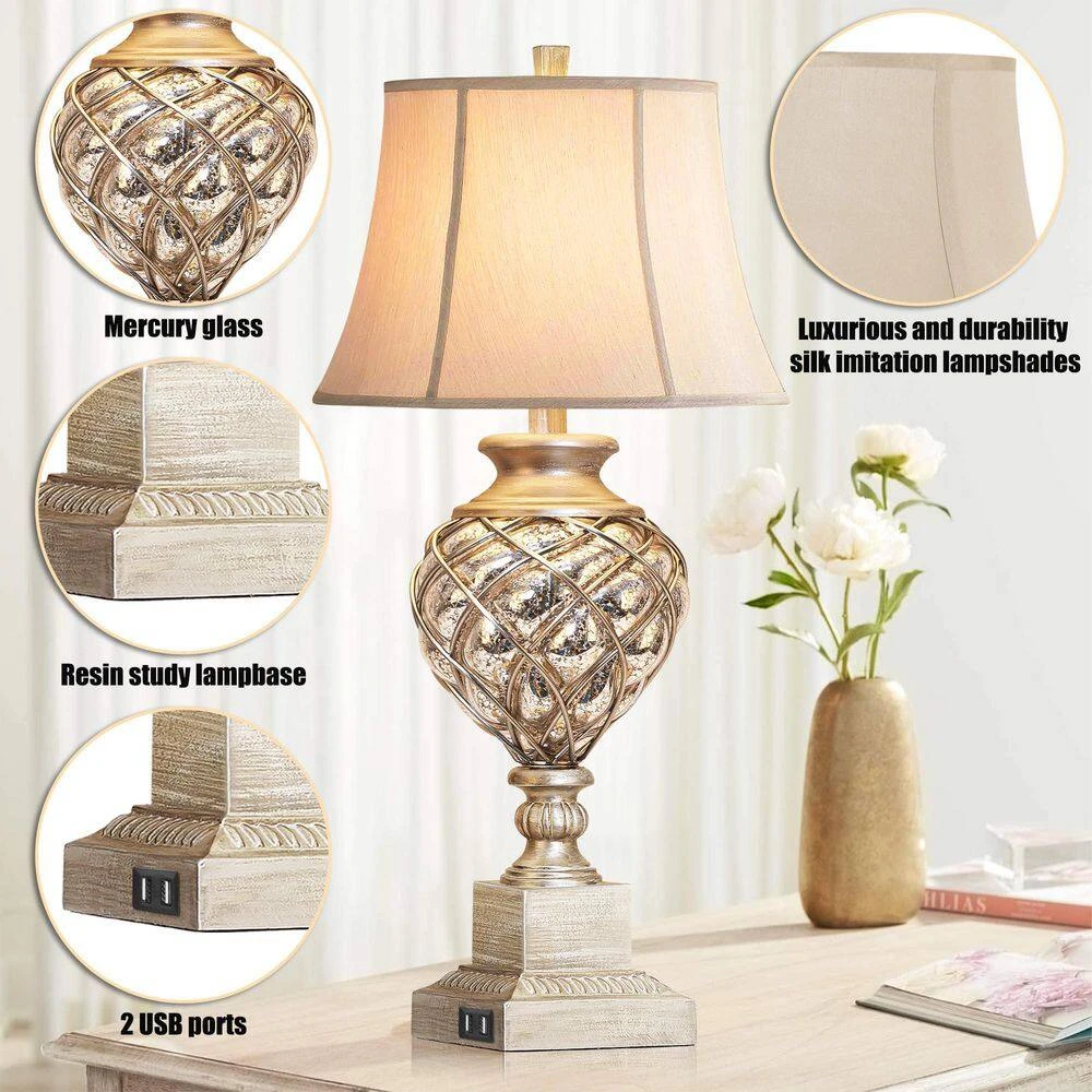 29 In. Beige Tall Bedside Lamp With Night Light, Vintage Table Lamps With Usbs Faux Silk Shade For Living Room End Table 8 29 In. Beige Tall Bedside Lamp With Night Light, Vintage Table Lamps With Usbs Faux Silk Shade For Living Room End Table - Image 6