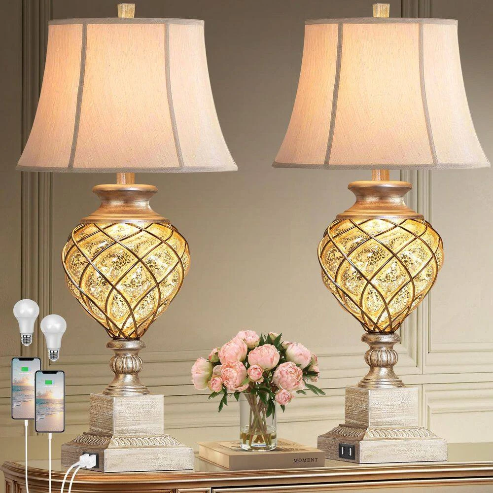 29 In. Beige Tall Bedside Lamp With Night Light, Vintage Table Lamps With Usbs Faux Silk Shade For Living Room End Table 10 29 In. Beige Tall Bedside Lamp With Night Light, Vintage Table Lamps With Usbs Faux Silk Shade For Living Room End Table - Image 8