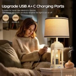 26 In. H Beige Table Lamp Set Of 2 W/3-Way Dimmable Touch Control And Linen Shade Bedside Lamps W/USB A+C And Nightlight -Lamp Parts beige table lamps tzt3146 p406 c3 1000