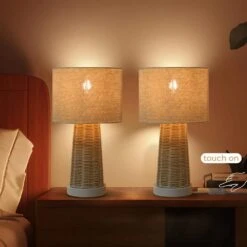 15.4 In. Farmhouse Handmade Rattan Table Lamps Modern Natural Rattan Wicker Oatmeal Drum Shade Nightstand (Set Of 2) -Lamp Parts beige tozing table lamps tl tht80015 2pcs 44 1000