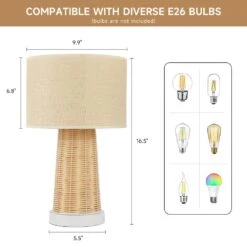 15.4 In. Farmhouse Handmade Rattan Table Lamps Modern Natural Rattan Wicker Oatmeal Drum Shade Nightstand (Set Of 2) -Lamp Parts beige tozing table lamps tl tht80015 2pcs 4f 1000