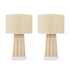 15.4 In. Farmhouse Handmade Rattan Table Lamps Modern Natural Rattan Wicker Oatmeal Drum Shade Nightstand (Set Of 2)