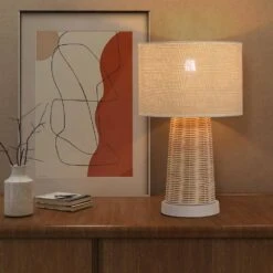 15.4 In. Farmhouse Handmade Rattan Table Lamps Modern Natural Rattan Wicker Oatmeal Drum Shade Nightstand (Set Of 2) -Lamp Parts beige tozing table lamps tl tht80015 2pcs 66 1000