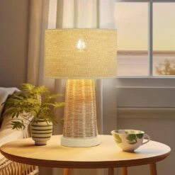 15.4 In. Farmhouse Handmade Rattan Table Lamps Modern Natural Rattan Wicker Oatmeal Drum Shade Nightstand (Set Of 2) -Lamp Parts beige tozing table lamps tl tht80015 2pcs 76 1000