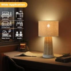 15.4 In. Farmhouse Handmade Rattan Table Lamps Modern Natural Rattan Wicker Oatmeal Drum Shade Nightstand (Set Of 2) -Lamp Parts beige tozing table lamps tl tht80015 2pcs 77 1000