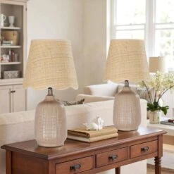 18.9 In. Bisque Table Lamps With Rattan Shade, Living Room Ceramic Lamp (Set Of 2) -Lamp Parts bisque pia ricco table lamps 2002gc 2pk 31 1000