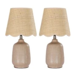 18.9 In. Bisque Table Lamps With Rattan Shade, Living Room Ceramic Lamp (Set Of 2)