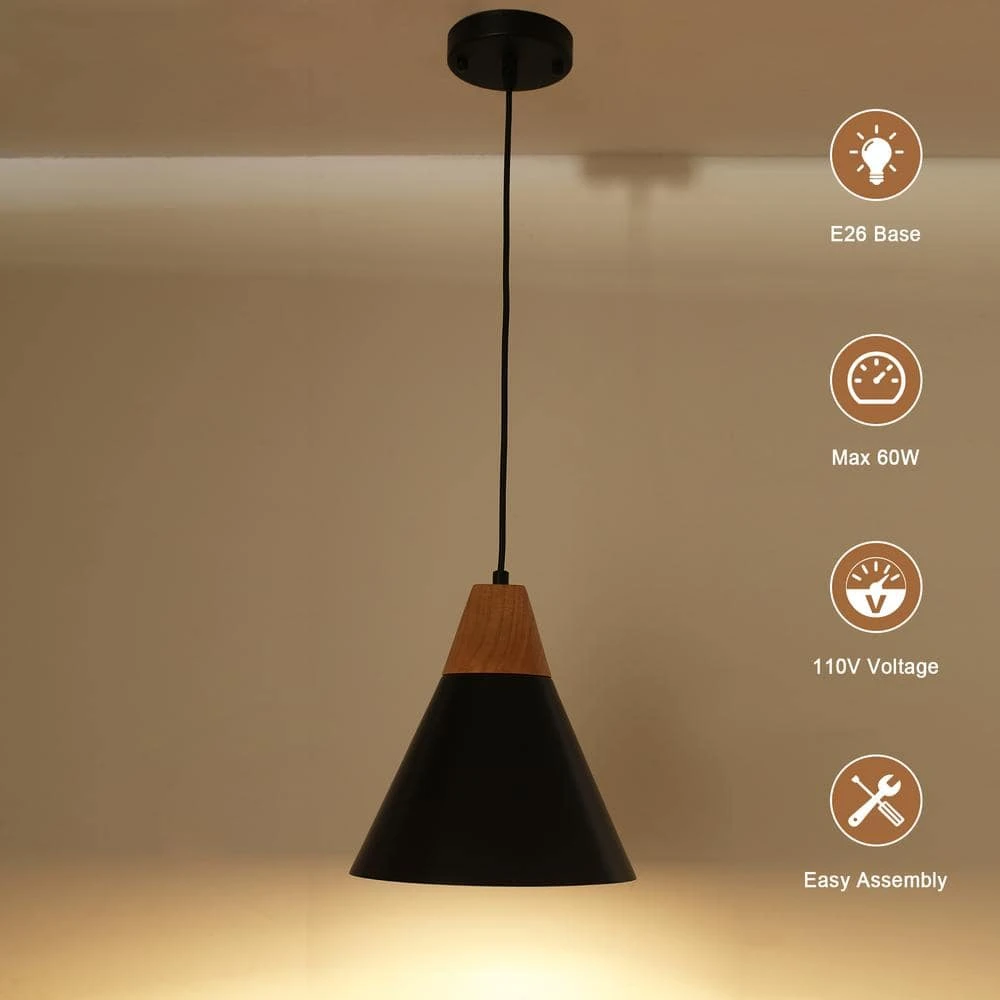 1-Light Black Cone Pendant Light With Metal Shade, No Bulbs Included 6 1-Light Black Cone Pendant Light With Metal Shade, No Bulbs Included - Image 4