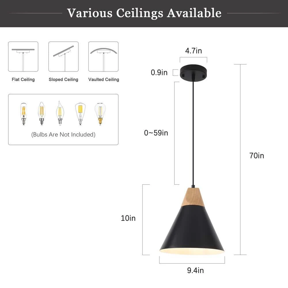 1-Light Black Cone Pendant Light With Metal Shade, No Bulbs Included 9 1-Light Black Cone Pendant Light With Metal Shade, No Bulbs Included - Image 7